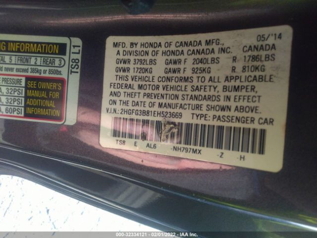 Photo 8 VIN: 2HGFG3B81EH523669 - HONDA CIVIC EX 