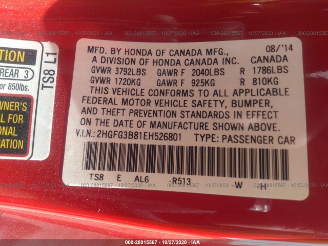 Photo 8 VIN: 2HGFG3B81EH526801 - HONDA CIVIC COUPE 