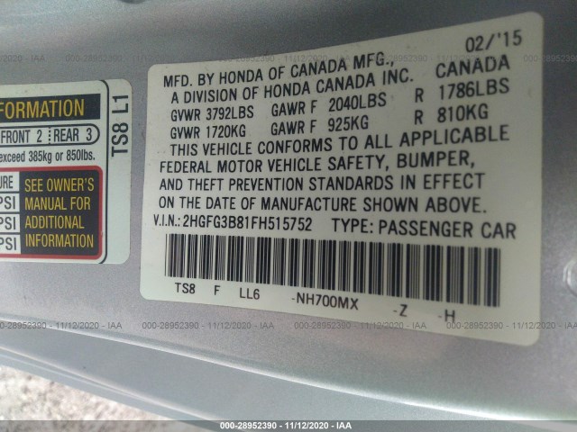 Photo 8 VIN: 2HGFG3B81FH515752 - HONDA CIVIC COUPE 