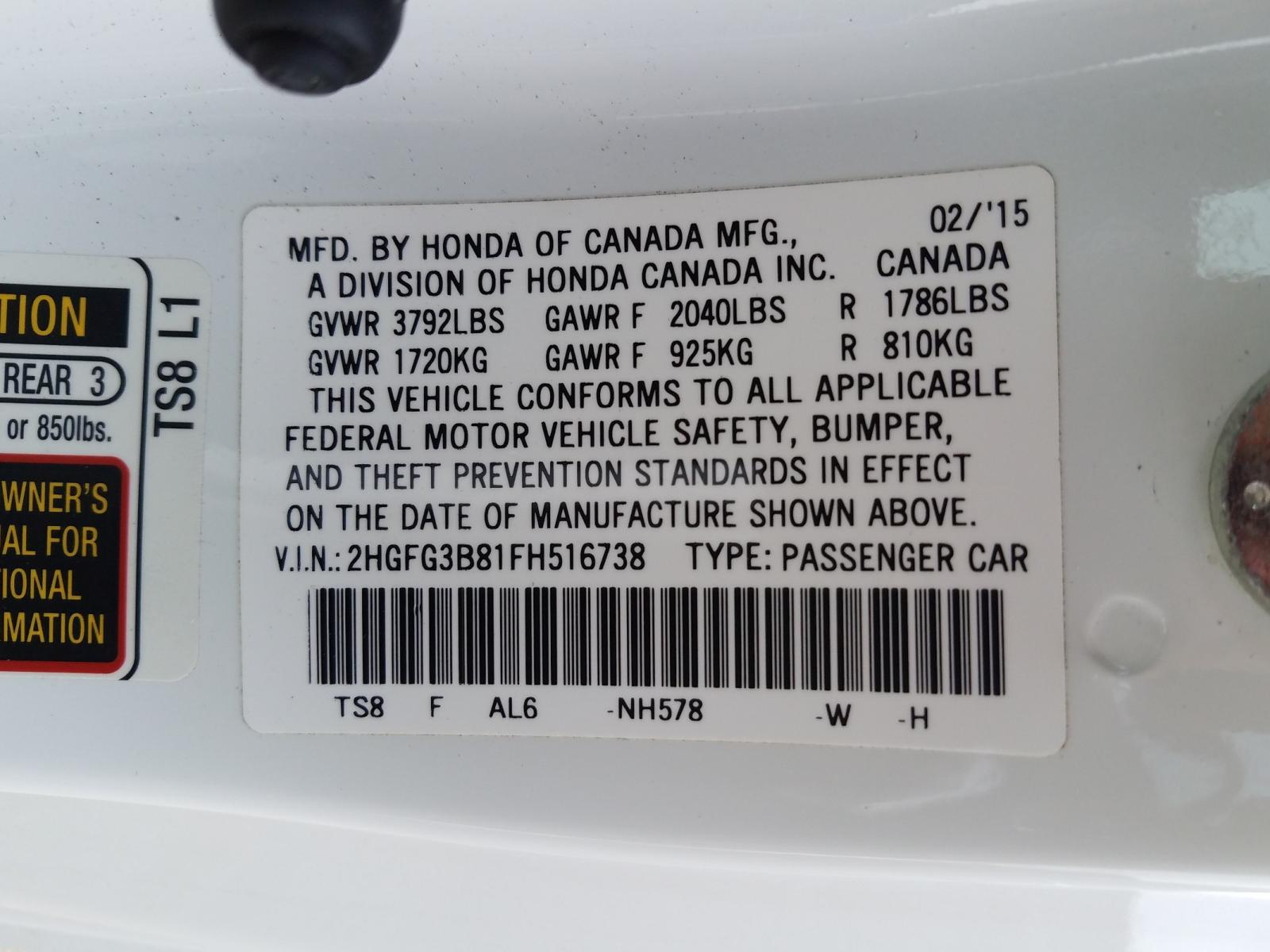 Photo 9 VIN: 2HGFG3B81FH516738 - HONDA CIVIC EX 