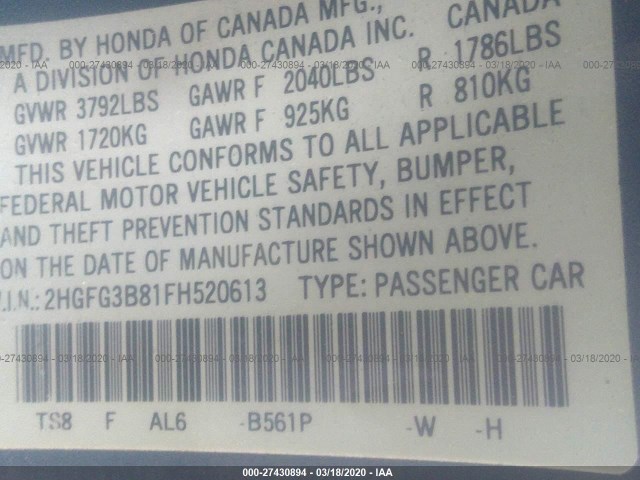 Photo 8 VIN: 2HGFG3B81FH520613 - HONDA CIVIC COUPE 