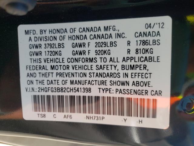 Photo 9 VIN: 2HGFG3B82CH541398 - HONDA CIVIC EX 