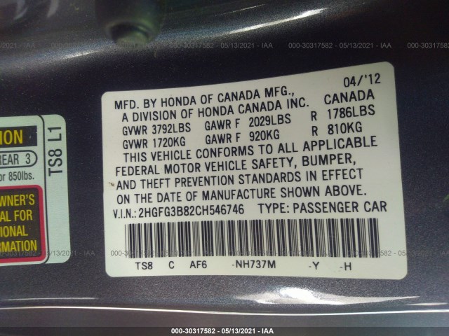 Photo 8 VIN: 2HGFG3B82CH546746 - HONDA CIVIC CPE 