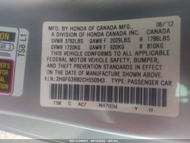 Photo 8 VIN: 2HGFG3B82CH550943 - HONDA CIVIC CPE 