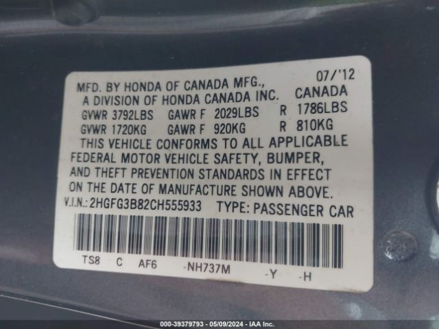 Photo 8 VIN: 2HGFG3B82CH555933 - HONDA CIVIC 