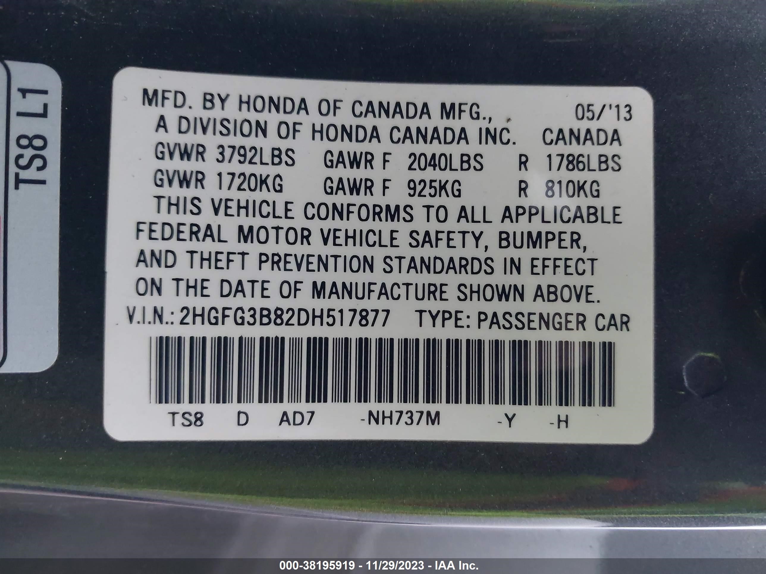 Photo 8 VIN: 2HGFG3B82DH517877 - HONDA CIVIC 