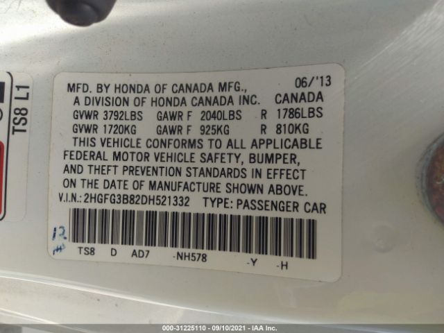 Photo 8 VIN: 2HGFG3B82DH521332 - HONDA CIVIC CPE 