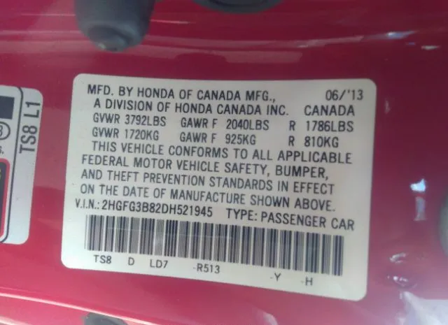 Photo 8 VIN: 2HGFG3B82DH521945 - HONDA CIVIC CPE 