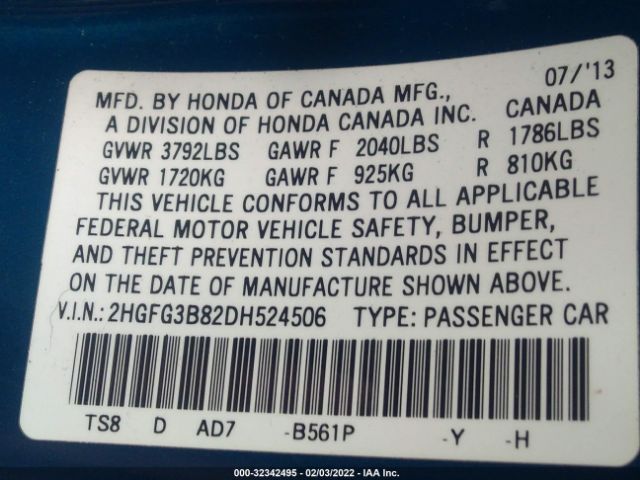 Photo 8 VIN: 2HGFG3B82DH524506 - HONDA CIVIC CPE 