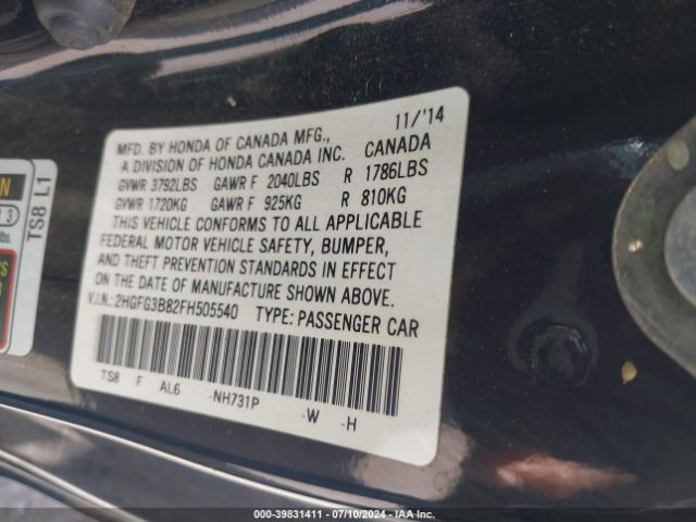 Photo 8 VIN: 2HGFG3B82FH505540 - HONDA CIVIC 