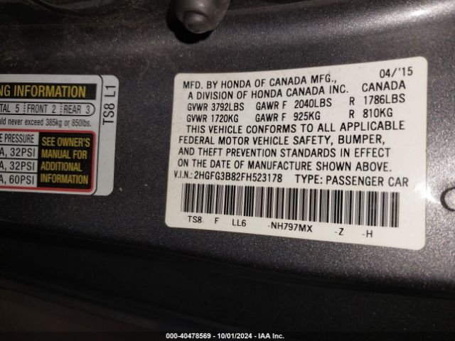 Photo 8 VIN: 2HGFG3B82FH523178 - HONDA CIVIC 