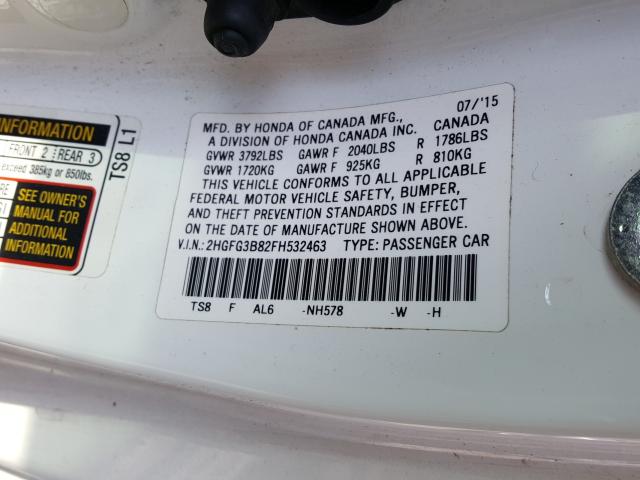 Photo 9 VIN: 2HGFG3B82FH532463 - HONDA CIVIC EX 