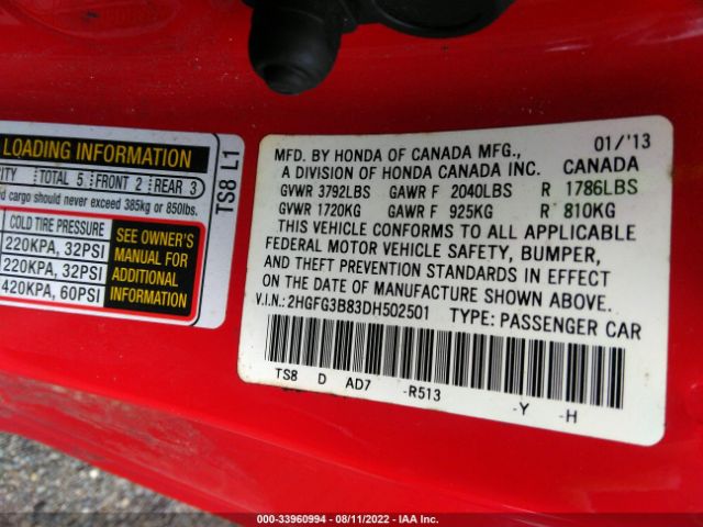 Photo 8 VIN: 2HGFG3B83DH502501 - HONDA CIVIC CPE 