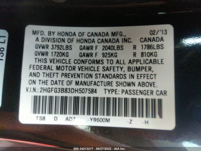 Photo 8 VIN: 2HGFG3B83DH507584 - HONDA CIVIC CPE 