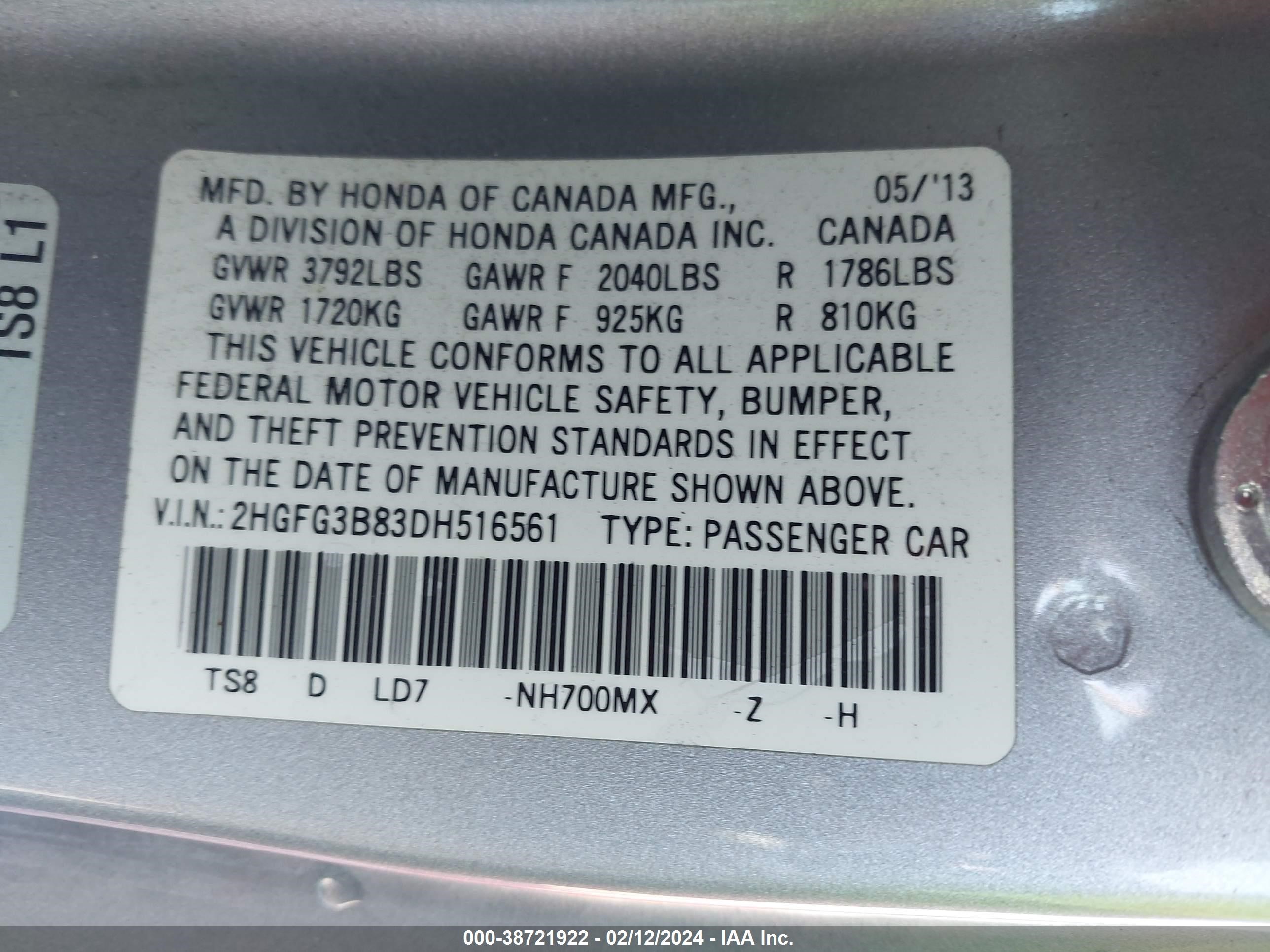 Photo 8 VIN: 2HGFG3B83DH516561 - HONDA CIVIC 