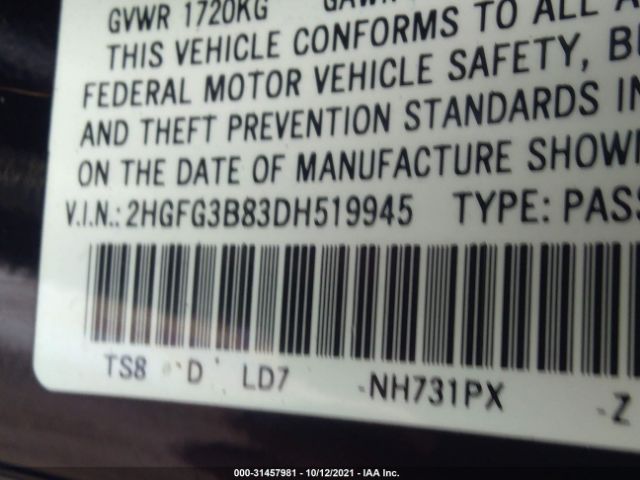 Photo 8 VIN: 2HGFG3B83DH519945 - HONDA CIVIC CPE 