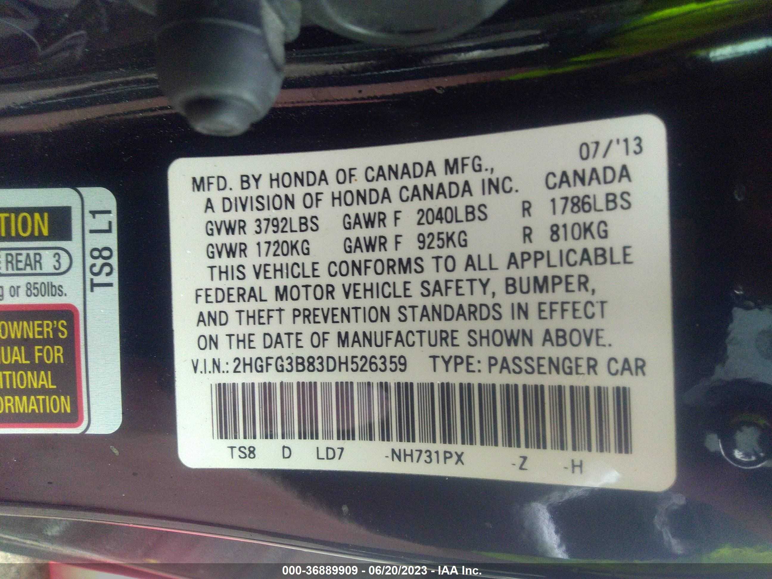 Photo 8 VIN: 2HGFG3B83DH526359 - HONDA CIVIC 