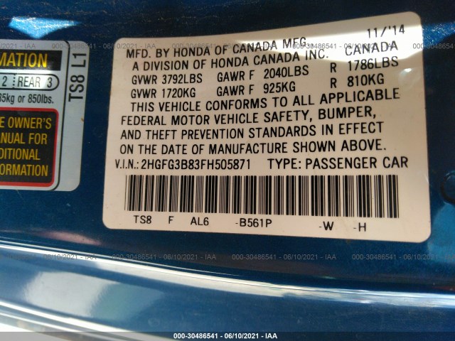 Photo 8 VIN: 2HGFG3B83FH505871 - HONDA CIVIC COUPE 