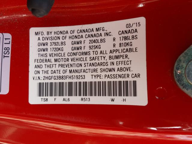 Photo 9 VIN: 2HGFG3B83FH519253 - HONDA CIVIC EX 