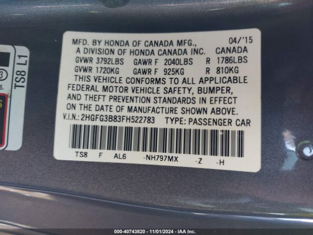 Photo 8 VIN: 2HGFG3B83FH522783 - HONDA CIVIC 