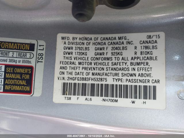 Photo 8 VIN: 2HGFG3B83FH532875 - HONDA CIVIC 