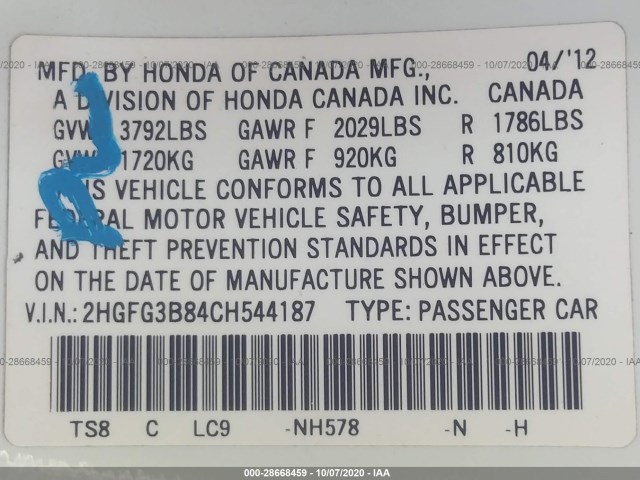 Photo 8 VIN: 2HGFG3B84CH544187 - HONDA CIVIC CPE 