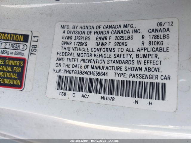 Photo 8 VIN: 2HGFG3B84CH559644 - HONDA CIVIC 