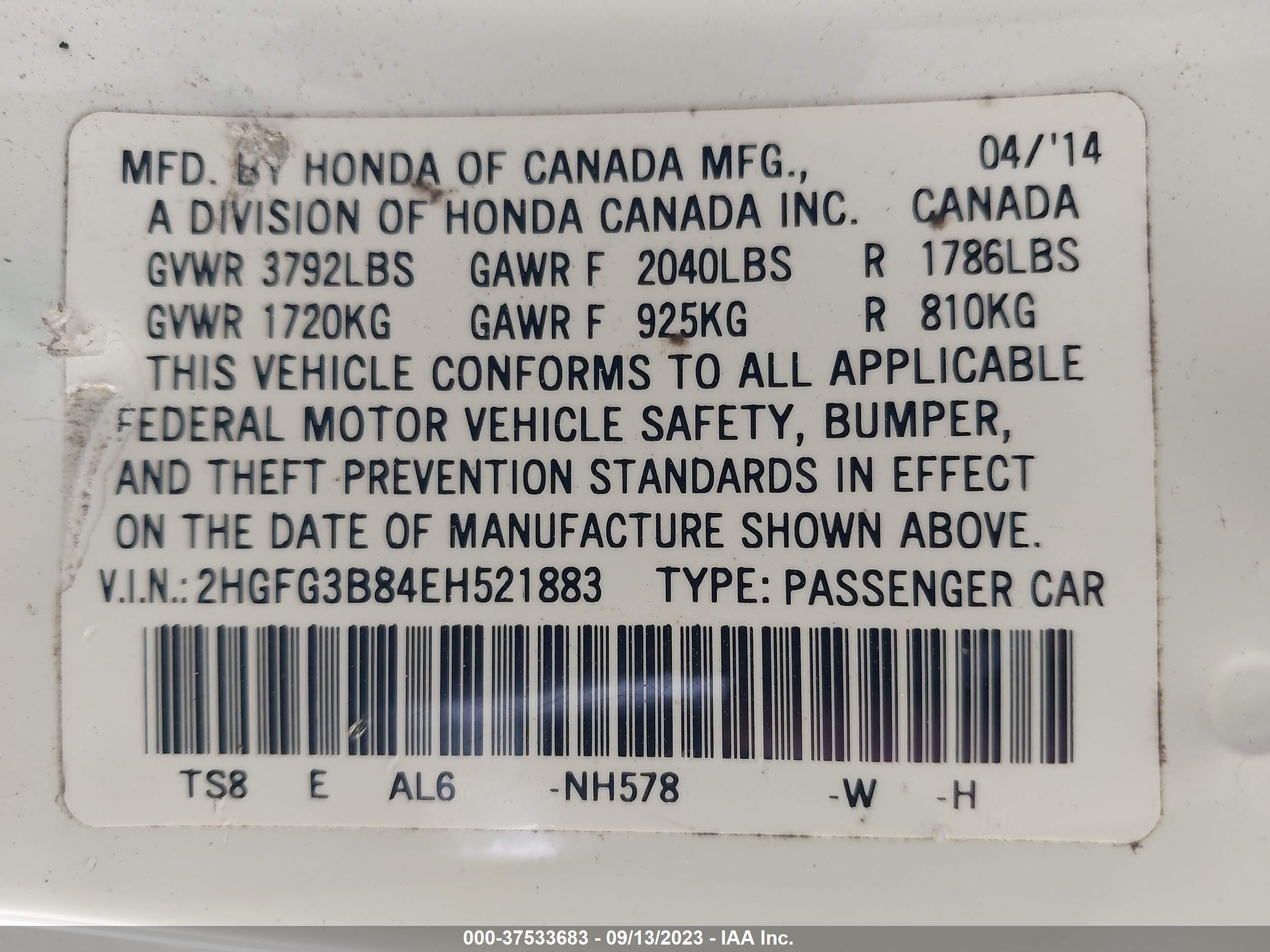 Photo 8 VIN: 2HGFG3B84EH521883 - HONDA CIVIC 