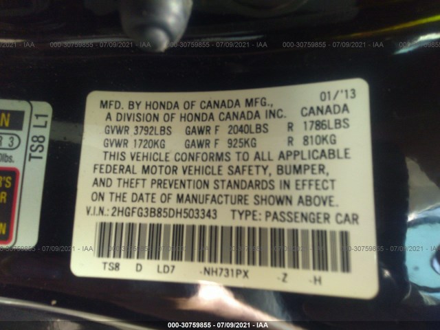 Photo 8 VIN: 2HGFG3B85DH503343 - HONDA CIVIC CPE 