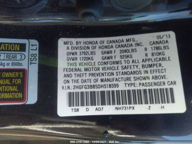 Photo 8 VIN: 2HGFG3B85DH518599 - HONDA CIVIC CPE 