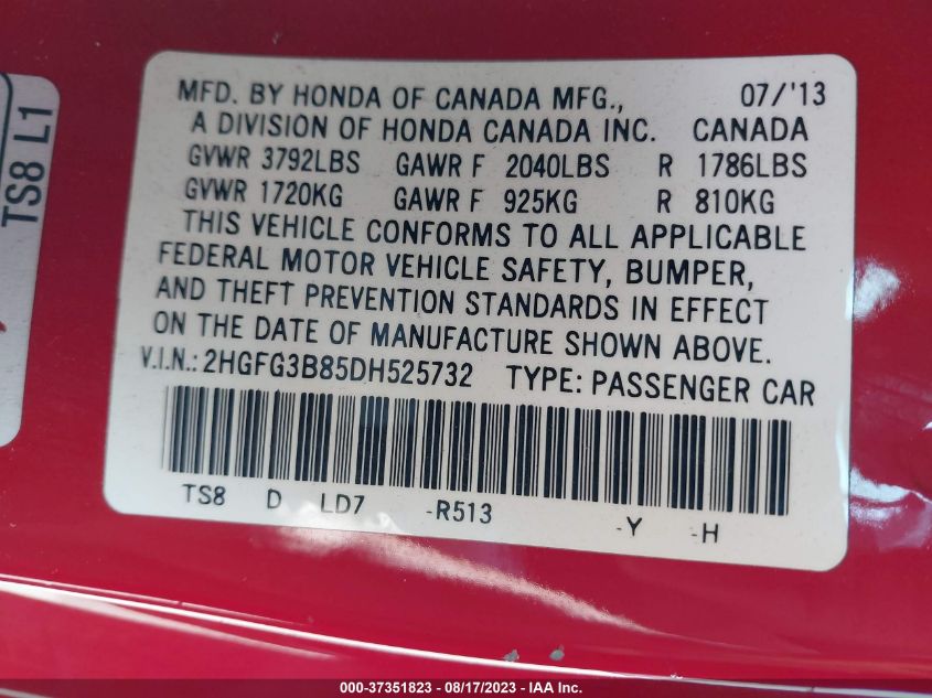 Photo 8 VIN: 2HGFG3B85DH525732 - HONDA CIVIC 