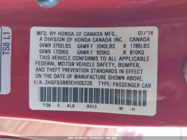 Photo 8 VIN: 2HGFG3B85EH506728 - HONDA CIVIC 