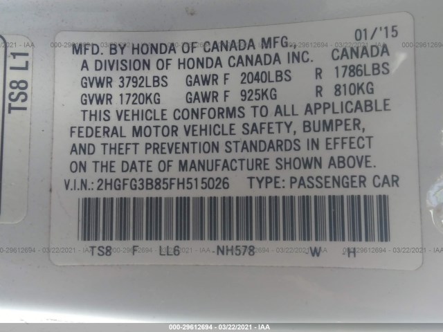 Photo 8 VIN: 2HGFG3B85FH515026 - HONDA CIVIC COUPE 