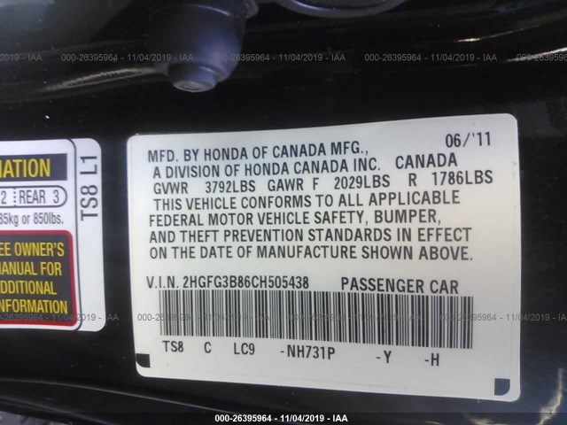 Photo 8 VIN: 2HGFG3B86CH505438 - HONDA CIVIC CPE 