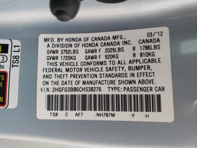 Photo 9 VIN: 2HGFG3B86CH538276 - HONDA CIVIC EX 