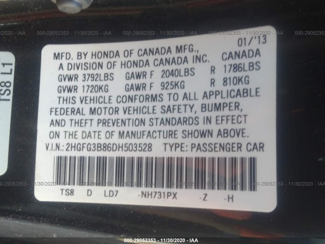 Photo 8 VIN: 2HGFG3B86DH503528 - HONDA CIVIC CPE 