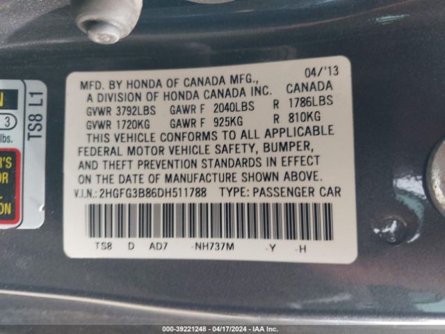 Photo 8 VIN: 2HGFG3B86DH511788 - HONDA CIVIC 