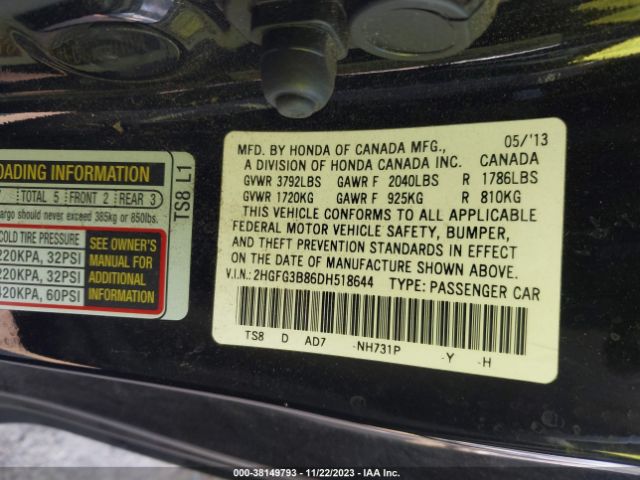 Photo 8 VIN: 2HGFG3B86DH518644 - HONDA CIVIC 