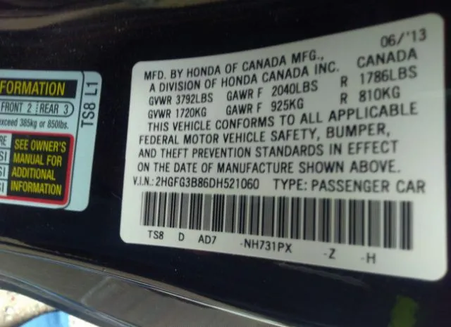 Photo 8 VIN: 2HGFG3B86DH521060 - HONDA CIVIC CPE 