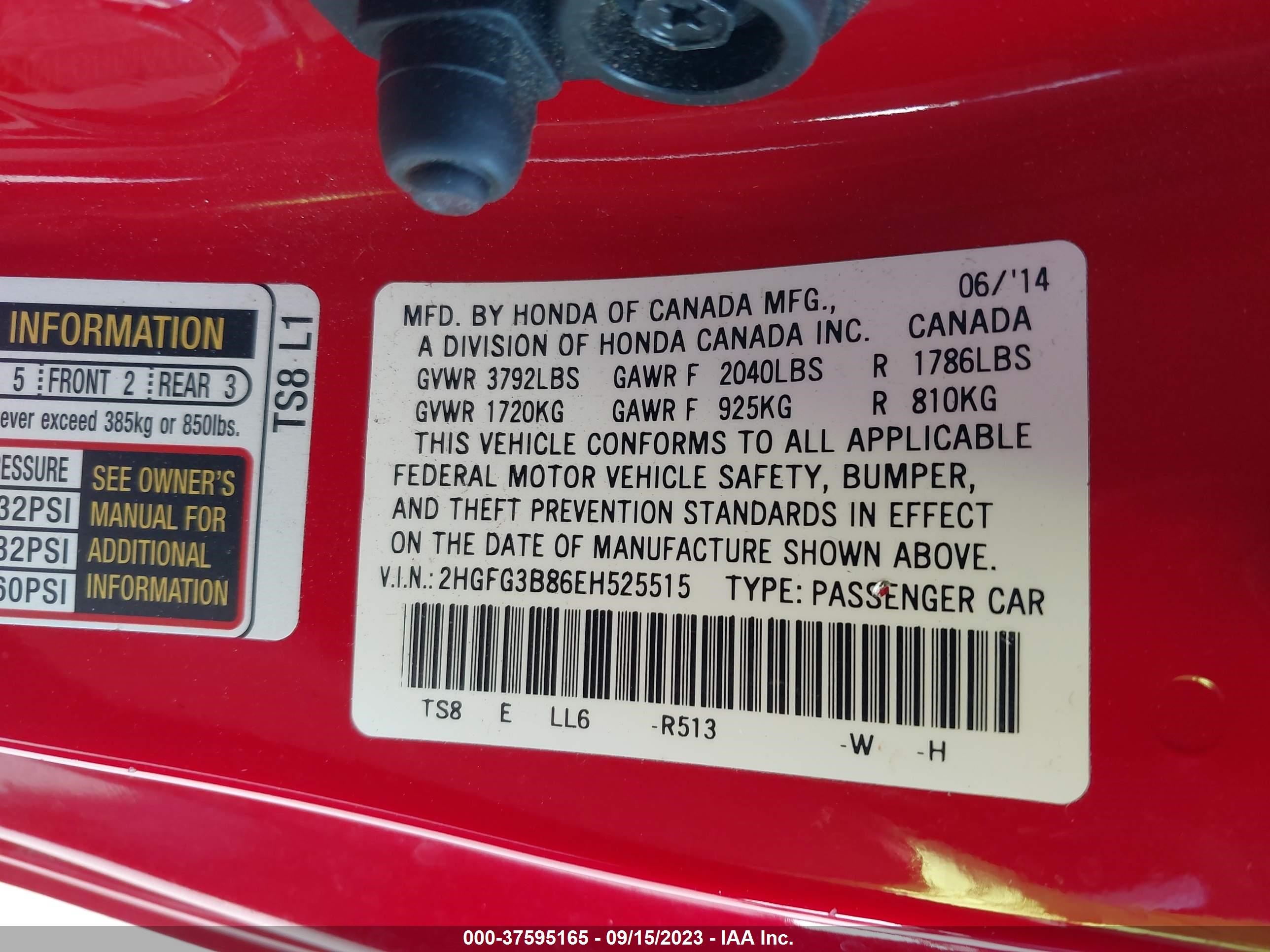 Photo 8 VIN: 2HGFG3B86EH525515 - HONDA CIVIC 