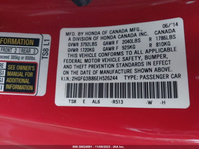 Photo 8 VIN: 2HGFG3B86EH526244 - HONDA CIVIC 