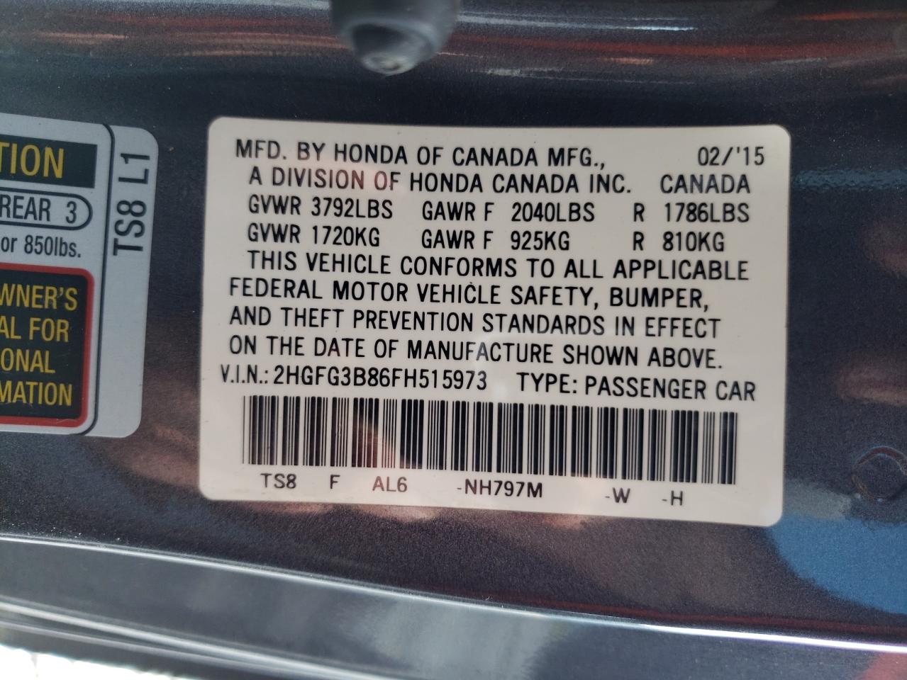 Photo 11 VIN: 2HGFG3B86FH515973 - HONDA CIVIC 