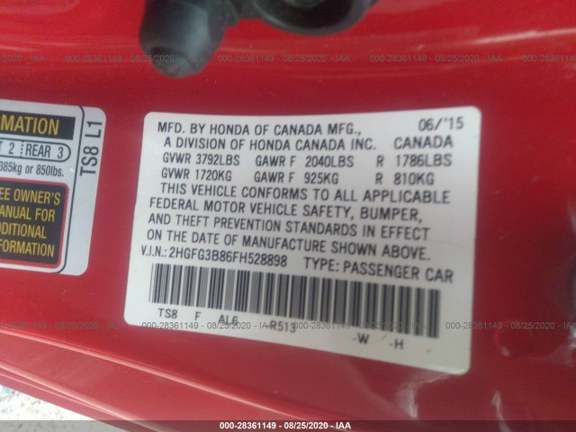 Photo 8 VIN: 2HGFG3B86FH528898 - HONDA CIVIC COUPE 