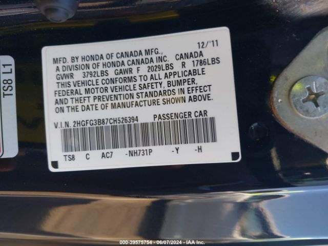 Photo 8 VIN: 2HGFG3B87CH526394 - HONDA CIVIC 