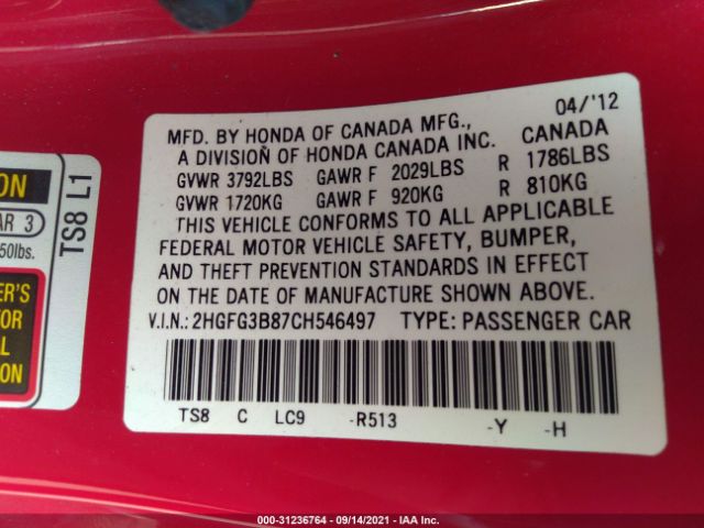 Photo 8 VIN: 2HGFG3B87CH546497 - HONDA CIVIC CPE 