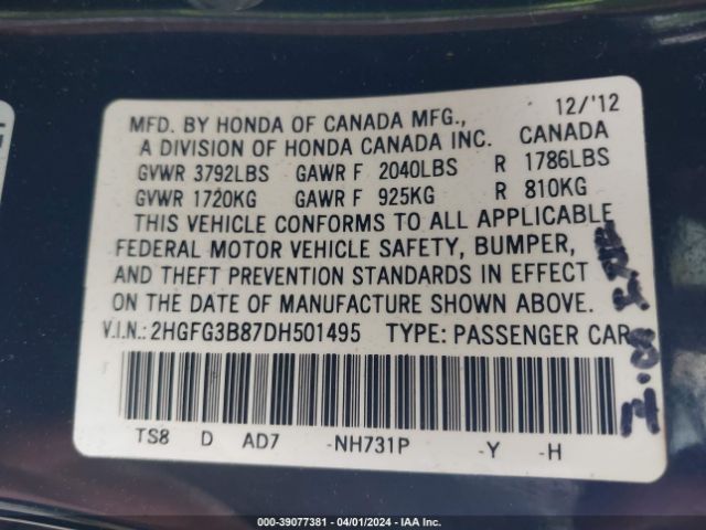 Photo 8 VIN: 2HGFG3B87DH501495 - HONDA CIVIC 