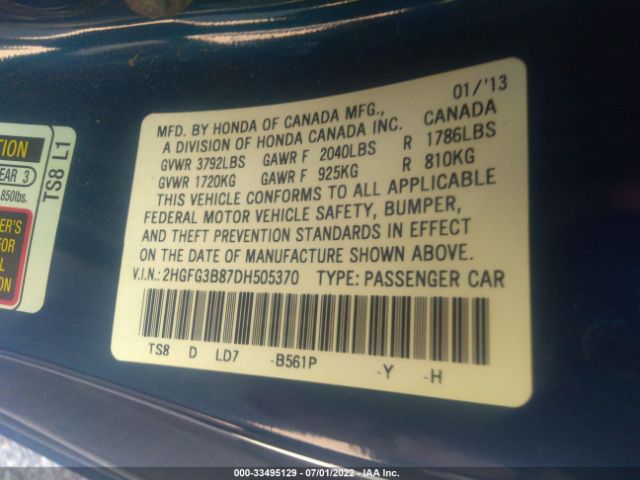 Photo 8 VIN: 2HGFG3B87DH505370 - HONDA CIVIC CPE 