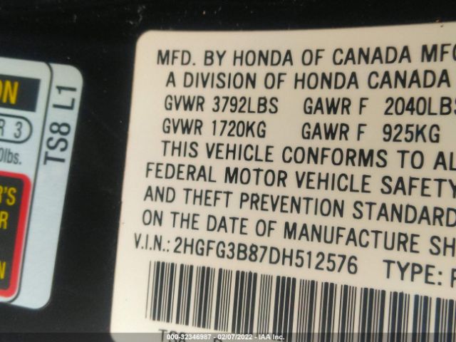 Photo 8 VIN: 2HGFG3B87DH512576 - HONDA CIVIC CPE 