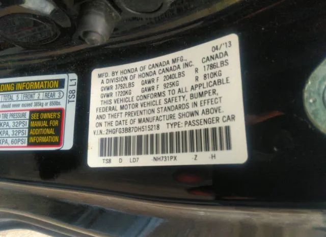 Photo 8 VIN: 2HGFG3B87DH515218 - HONDA CIVIC 