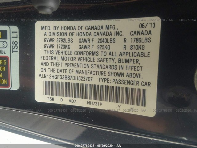 Photo 8 VIN: 2HGFG3B87DH523707 - HONDA CIVIC CPE 